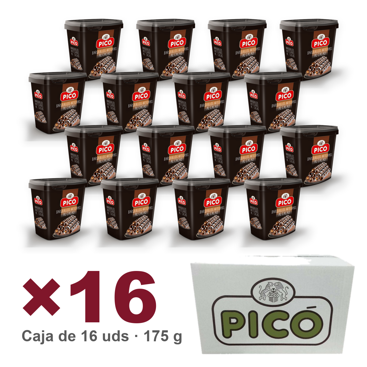 Caja de 16 unidades de Bote Barquillo Artesanos Bañado Cacao de 175 g, Turrones Picó