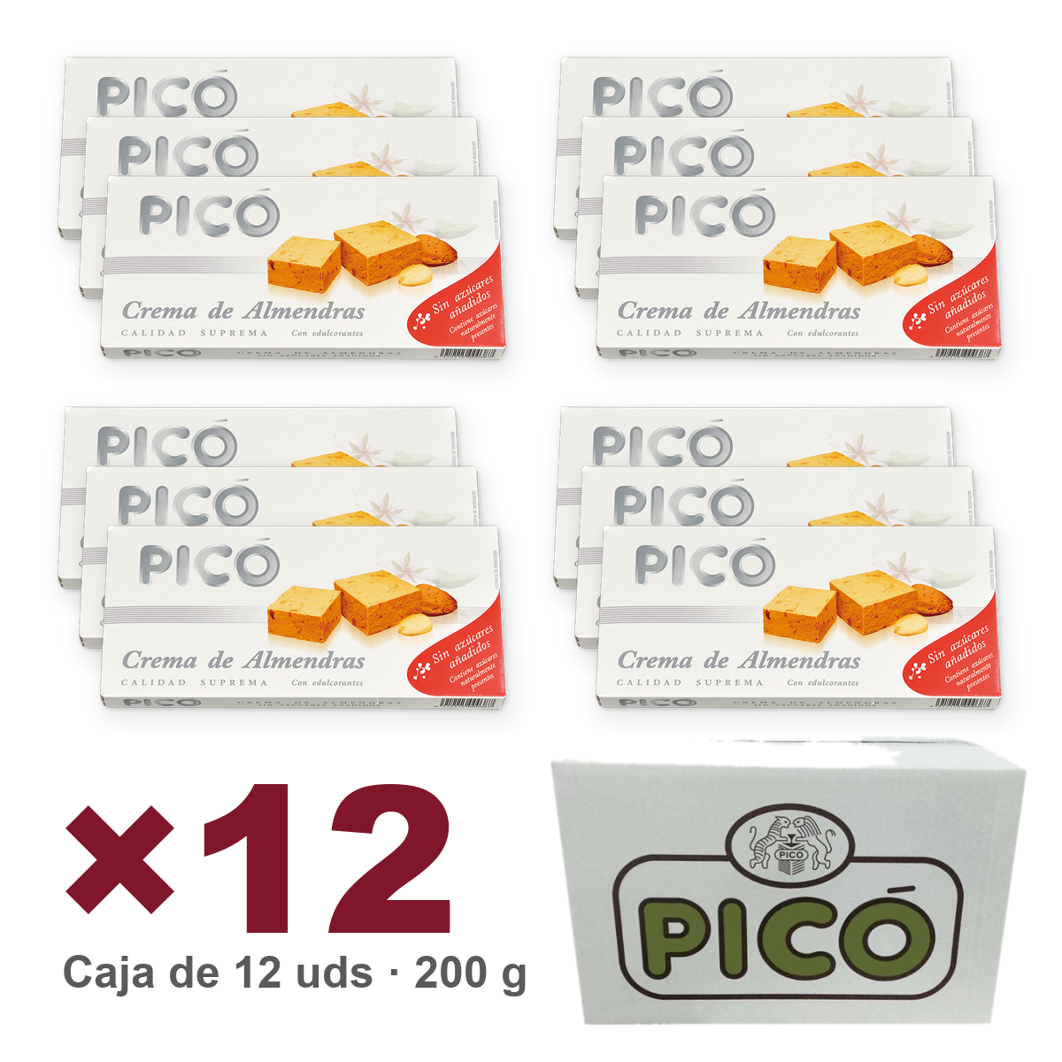 Caja de 12 unidades de Crema de Almendras Sin Azúcar de 200 g, Turrones Picó