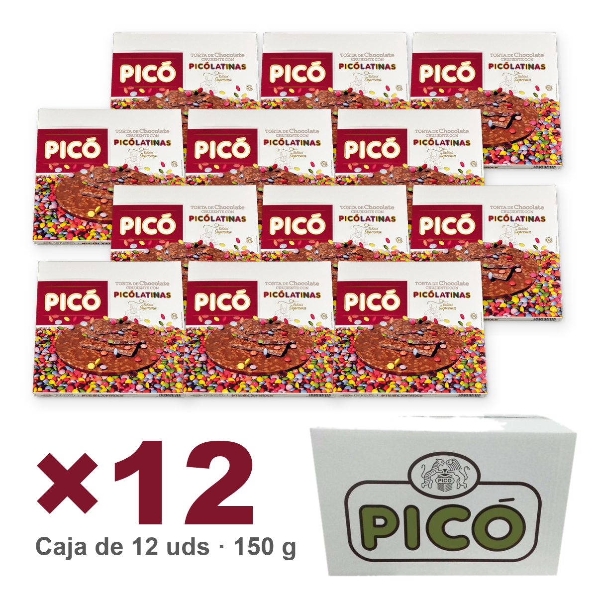 Caja de 12 unidades de Torta de Chocolate Crujiente con Picolatinas de 150 g, Turrones Picó