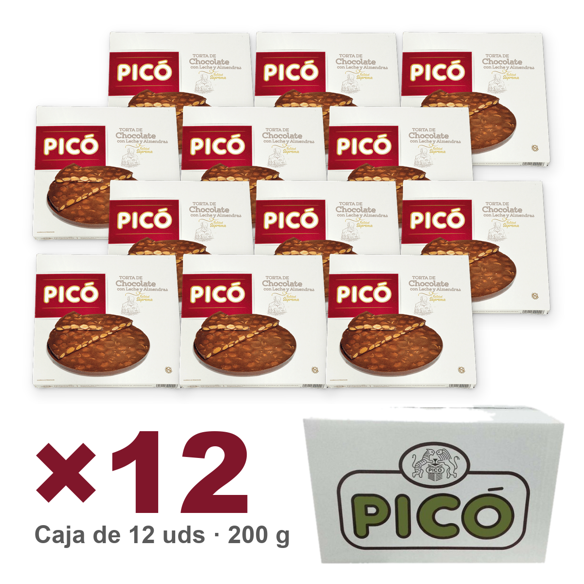 Caja de 12 unidades de Torta de Turrón de Chocolate con Almendras de 200 g, Turrones Picó