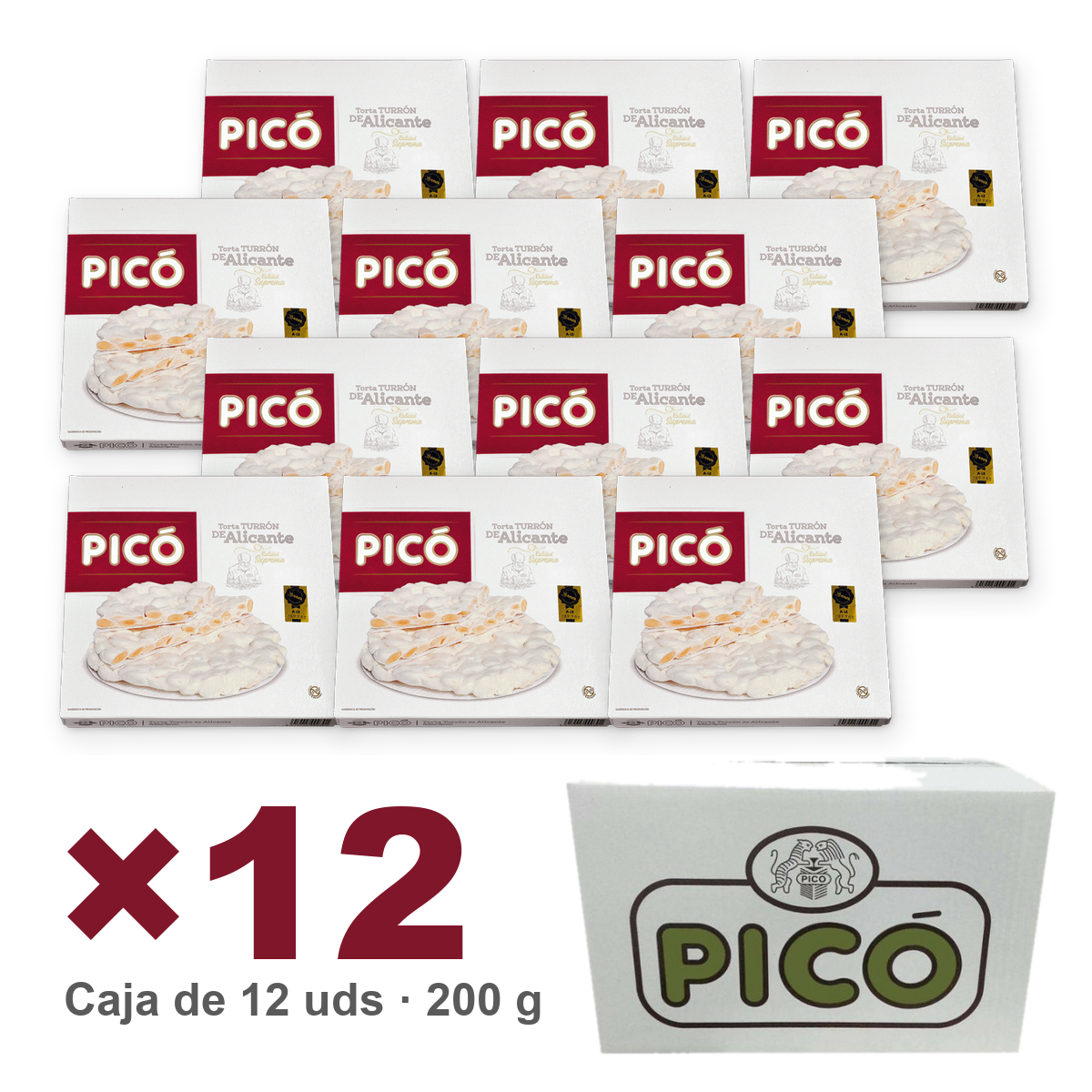Caja de 12 unidades de Torta Turrón de Alicante Calidad Suprema de 200 g, Turrones Picó