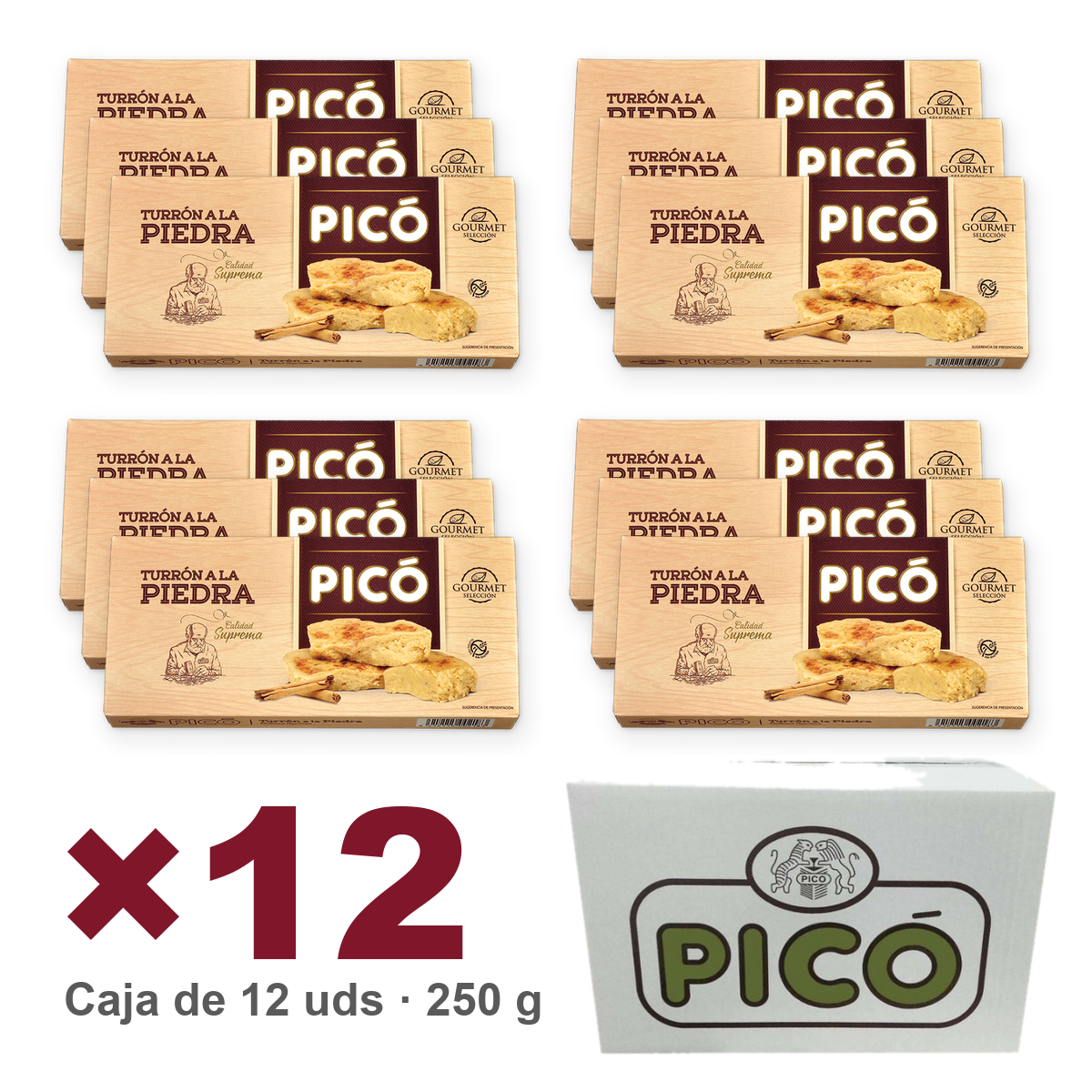 Caja de 12 unidades de Turrón a la Piedra Calidad Suprema de 250 g, Turrones Picó