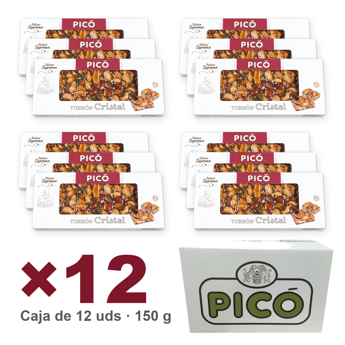 Caja de 12 unidades de Turrón Cristal con Frutos Secos Calidad Suprema de 150 g, Turrones Picó