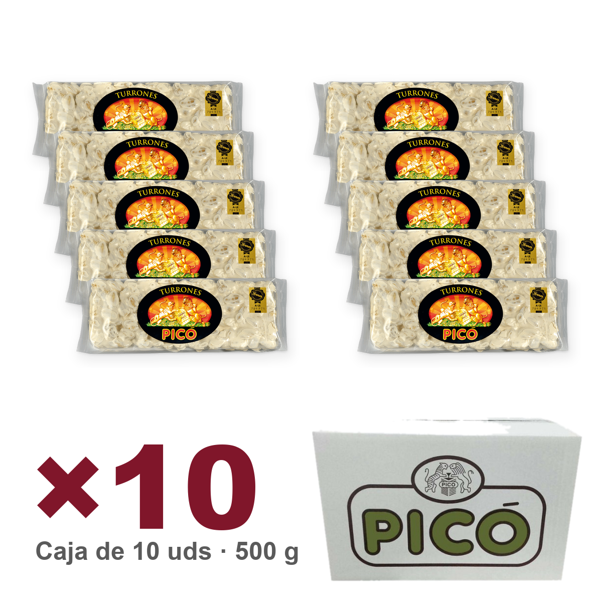 Caja de 10 unidades de Turrón de Alicante Calidad Suprema Envase Rilsan de 500 g, Turrones Picó
