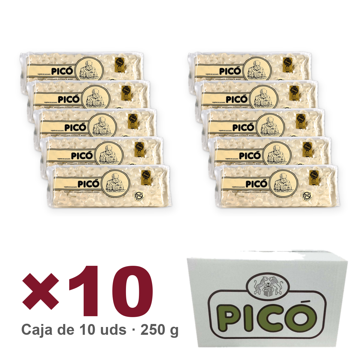 Caja de 10 unidades de Turrón de Alicante Calidad Suprema Hecho a Mano de 250 g, Turrones Picó