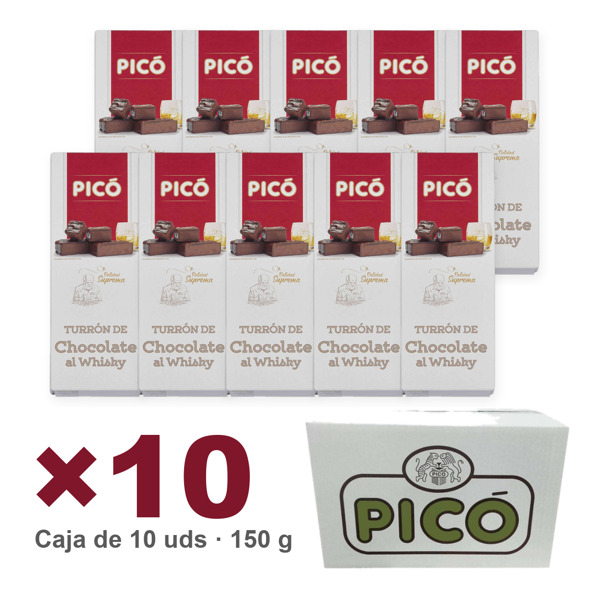 Caja de 10 unidades de Turrón de Chocolate al Whisky de 150 g, Turrones Picó