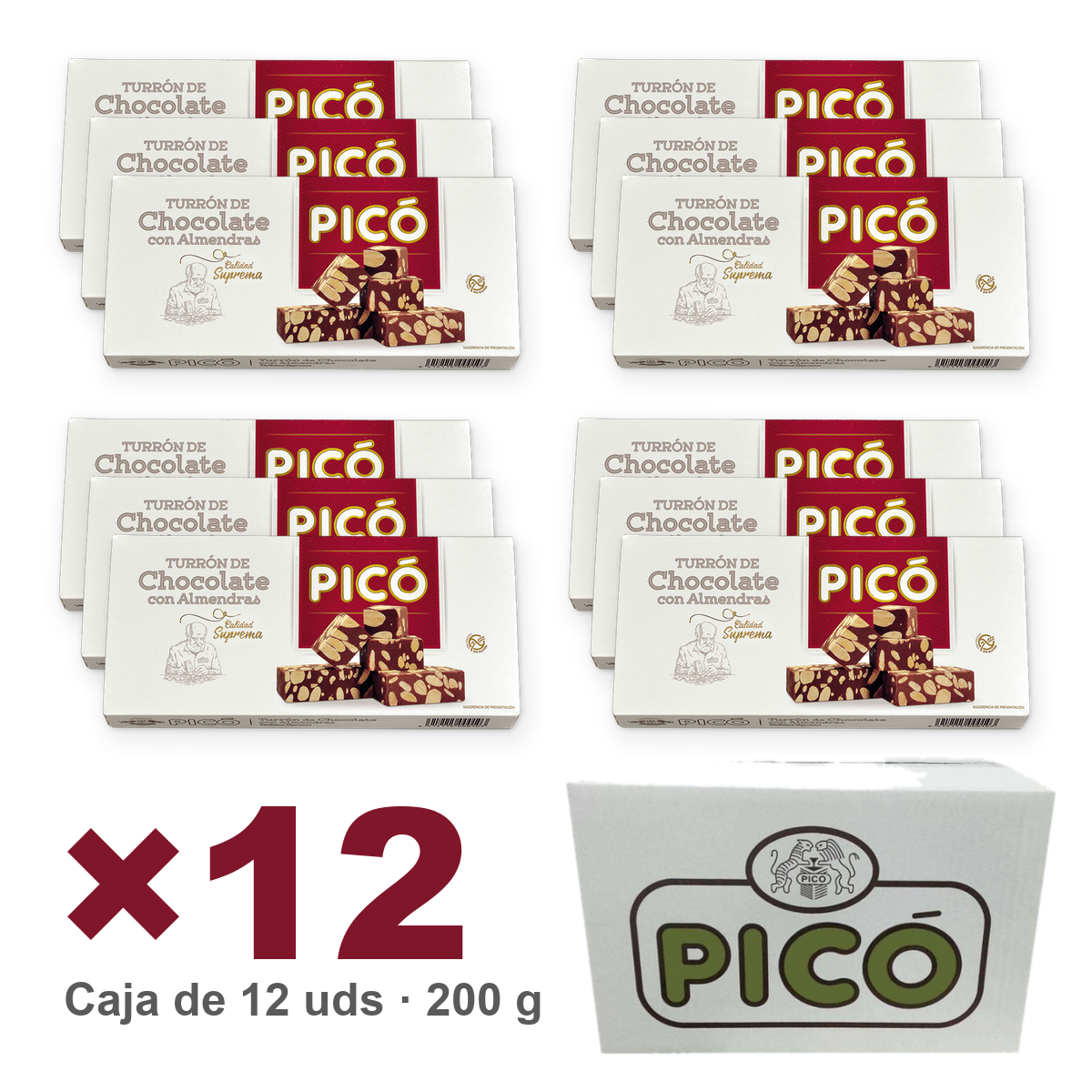 Caja de 12 unidades de Turrón de Chocolate con Almendras Calidad Suprema de 200 g, Turrones Picó