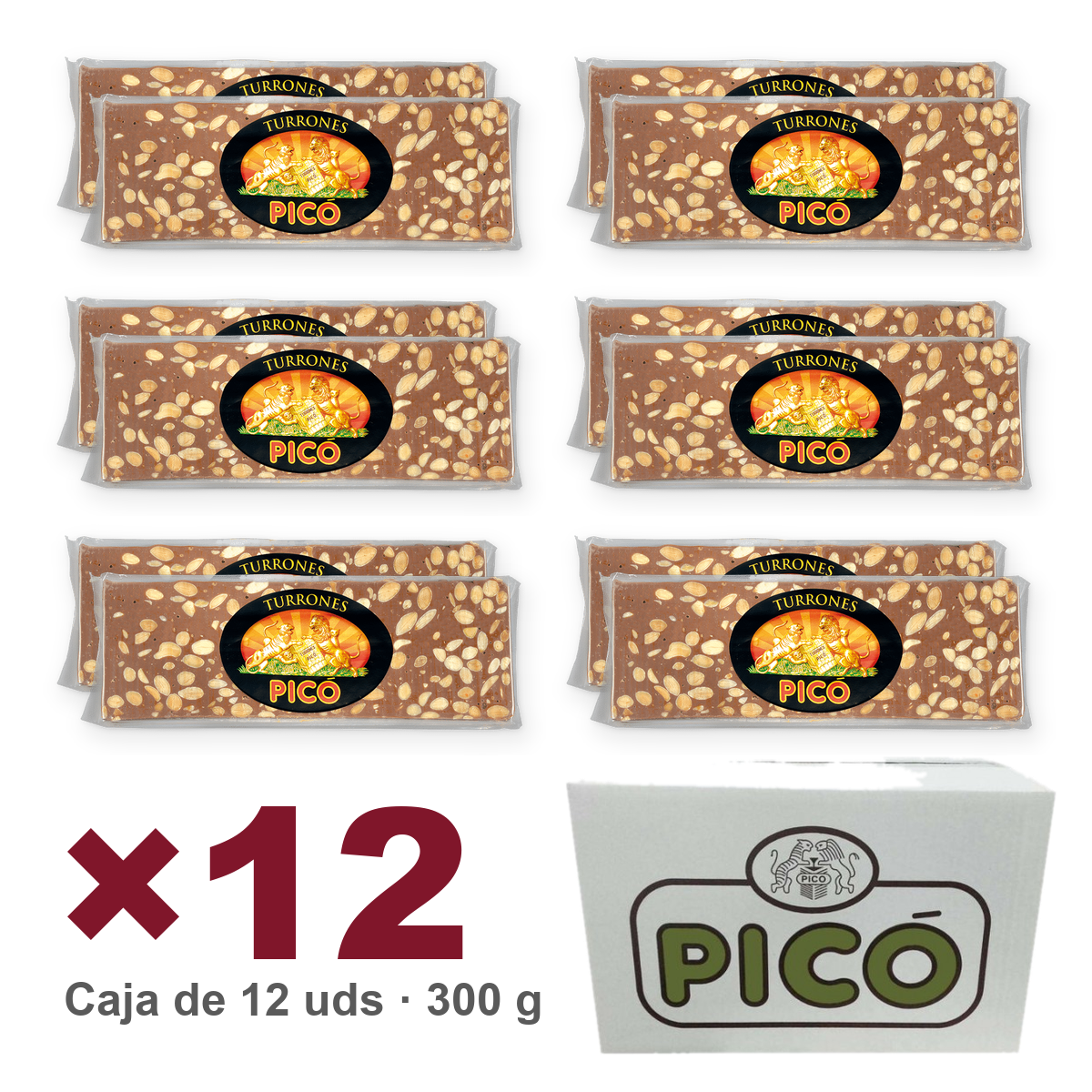 Caja de 12 unidades de Turrón de Chocolate con Almendras Calidad Suprema Envase Rilsan de 300 g, Turrones Picó