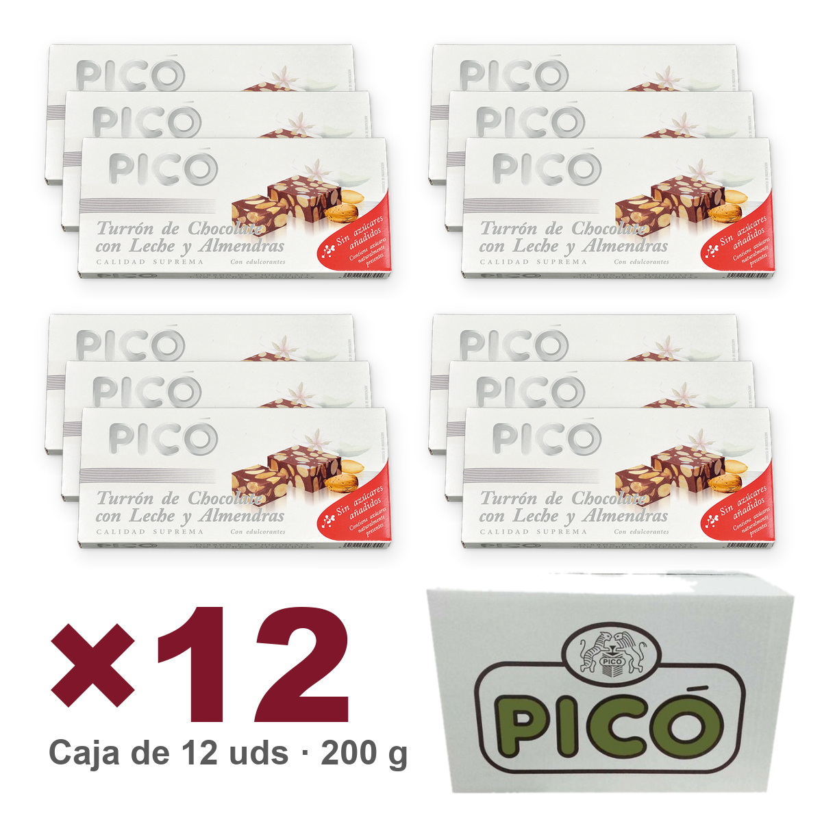 Caja de 12 unidades de Turrón de Chocolate con Almendras Sin Azúcar de 200 g, Turrones Picó
