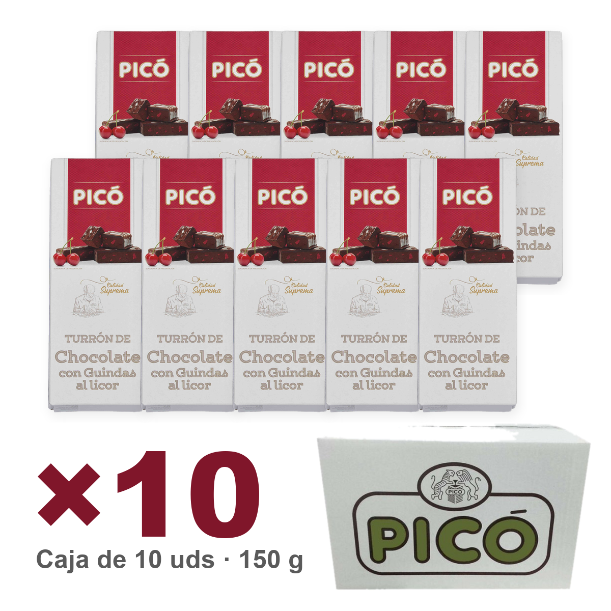 Caja de 10 unidades de Turrón de Chocolate con Guindas al Licor de 150 g, Turrones Picó