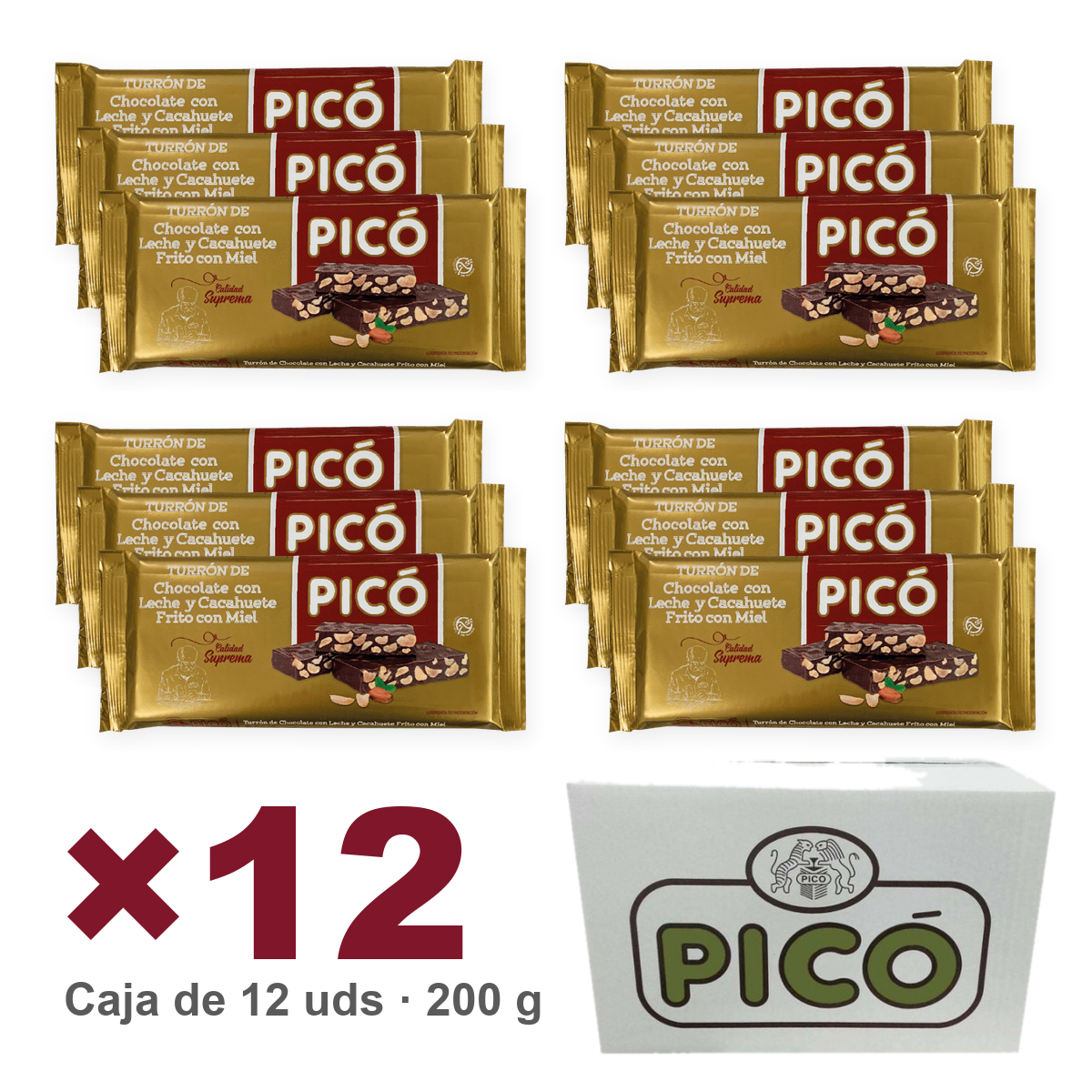 Caja de 12 unidades de Turrón de Chocolate con Leche y Cacahuete Frito con Miel y Sal de 200 g, Turrones Picó