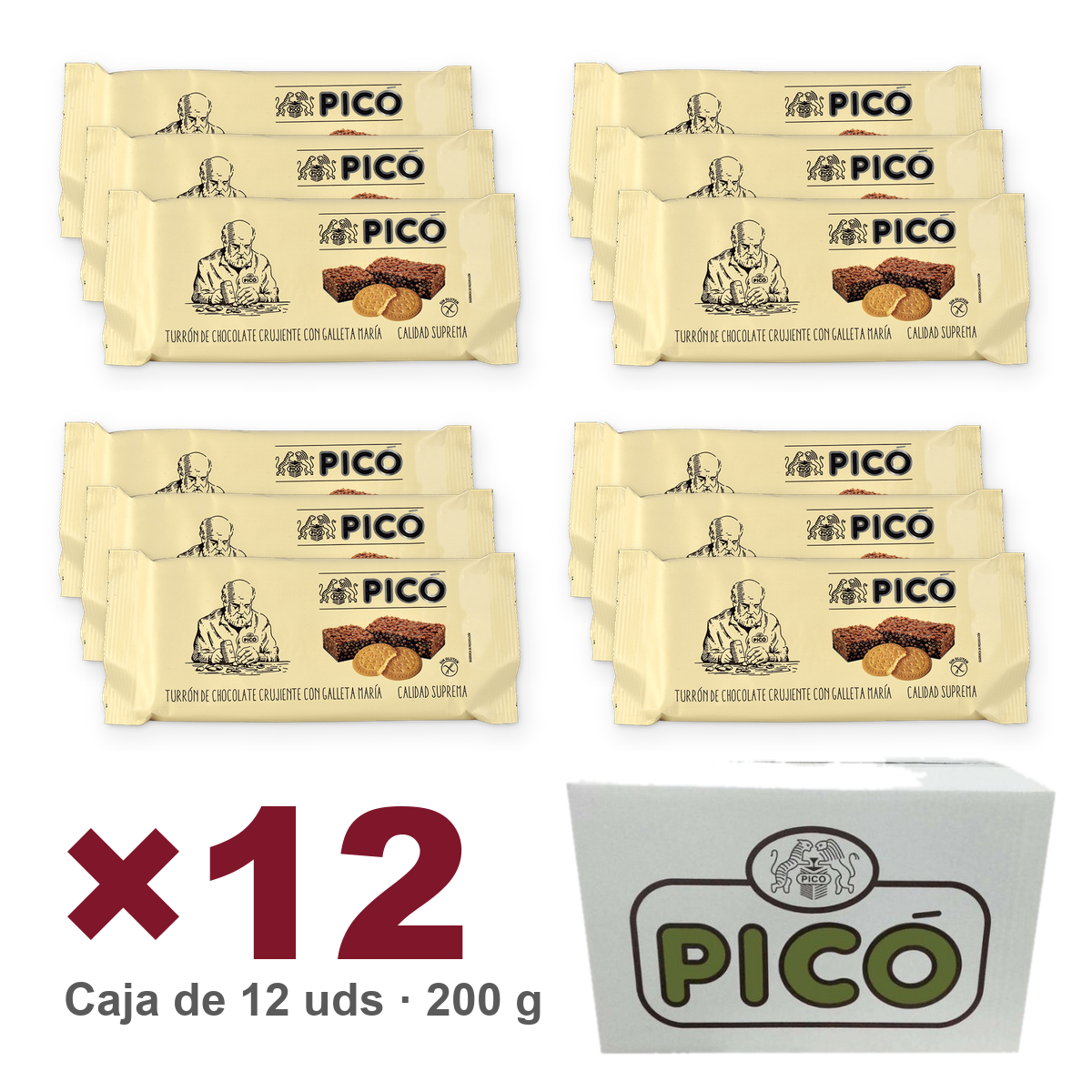 Caja de 12 unidades de Turrón de Chocolate Crujiente con Galleta María de 200 g, Turrones Picó