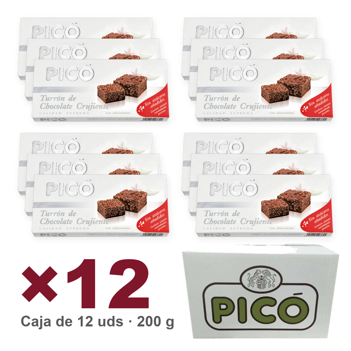 Caja de 12 unidades de Turrón de Chocolate Crujiente Sin Azúcar de 200 g, Turrones Picó