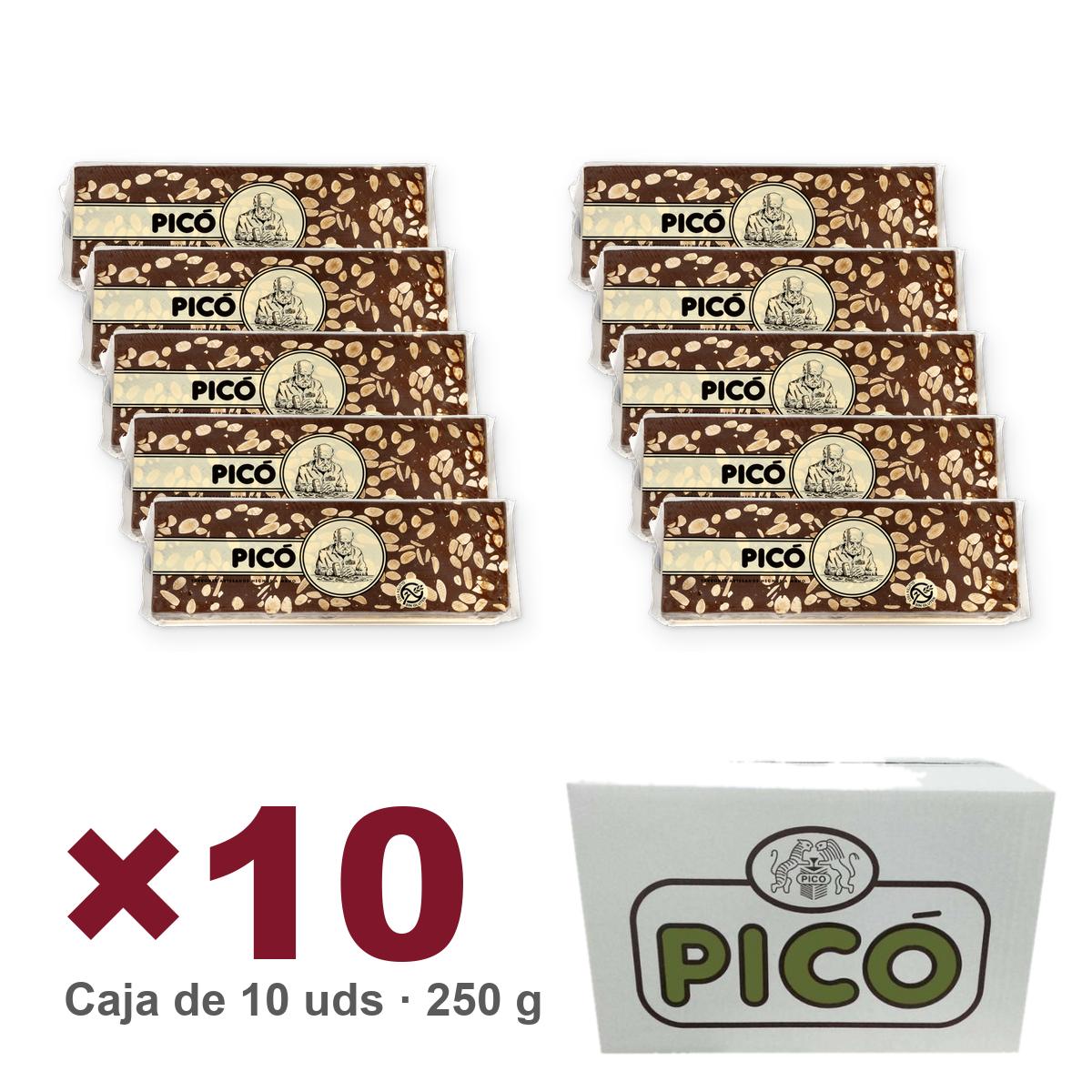 Caja de 10 unidades de Turrón de Chocolate Negro con Almendras Calidad Suprema Hecho a Mano de 250 g, Turrones Picó