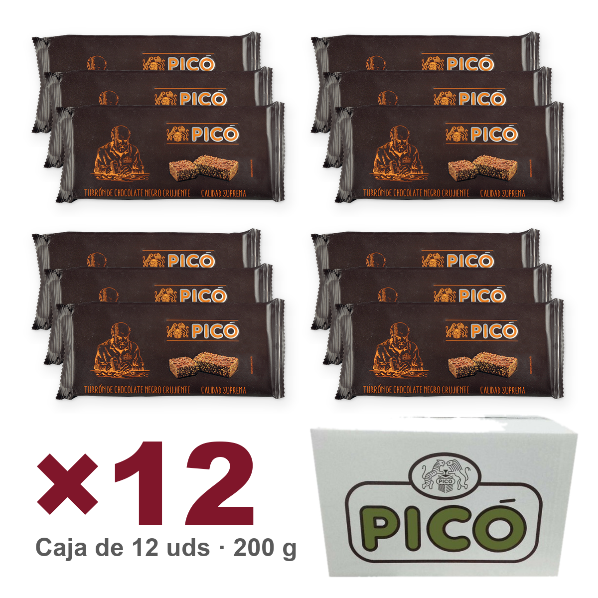 Caja de 12 unidades de Turrón de Chocolate Negro Crujiente de 200 g, Turrones Picó