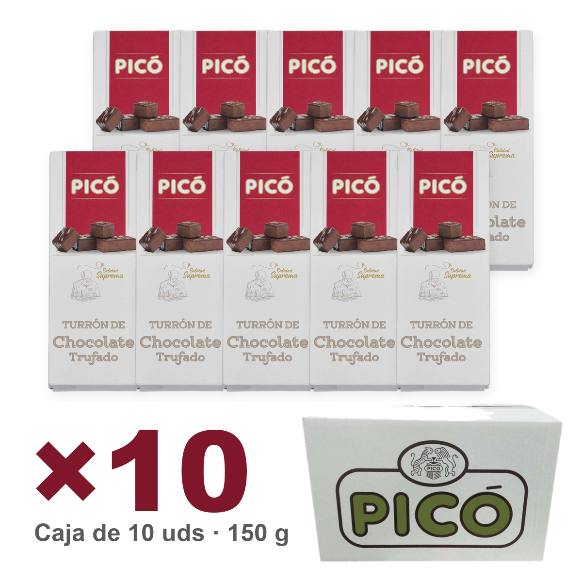 Caja de 10 unidades de Turrón de Chocolate Trufado de 150 g, Turrones Picó
