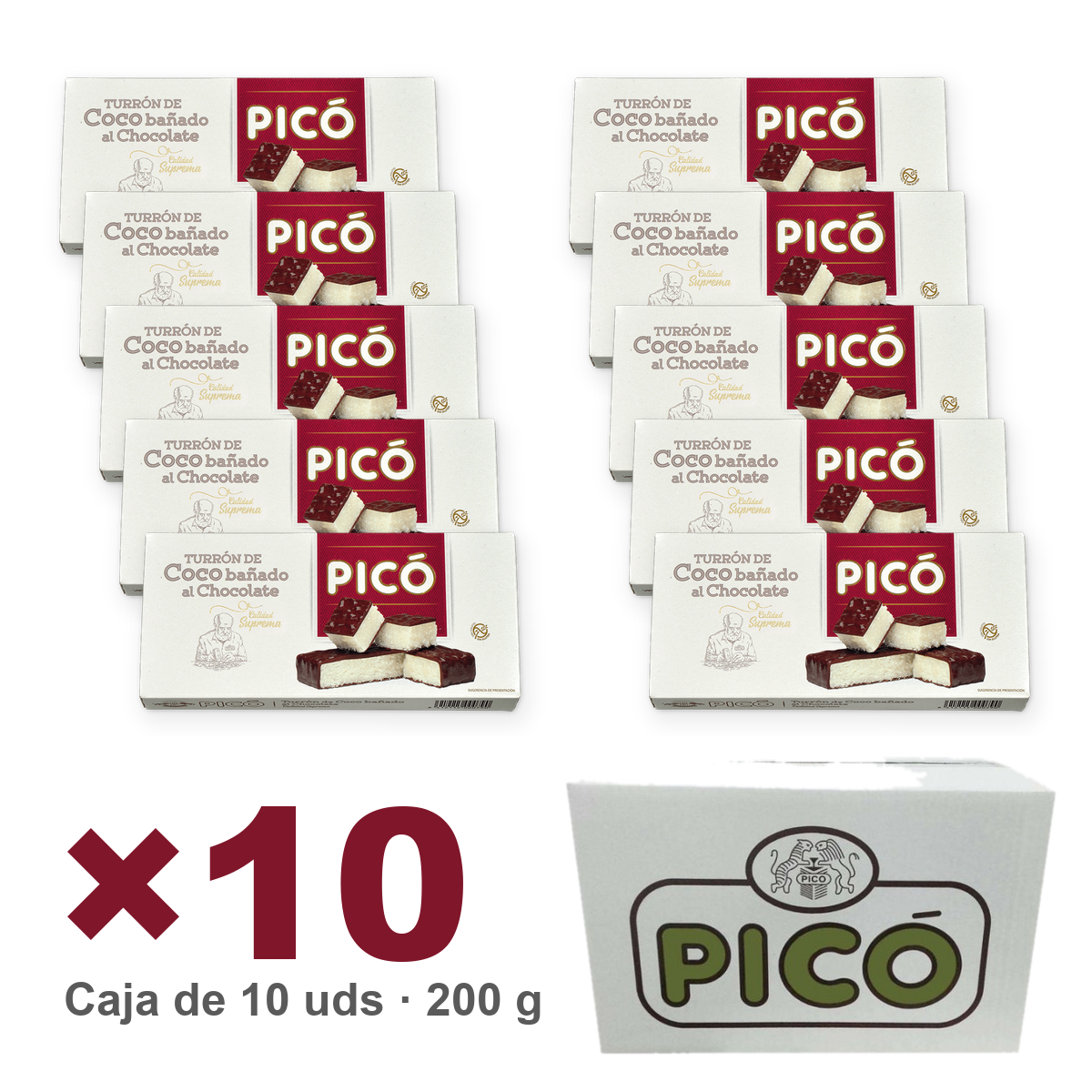 Caja de 10 unidades de Turrón de Coco bañado al Chocolate de 200 g, Turrones Picó