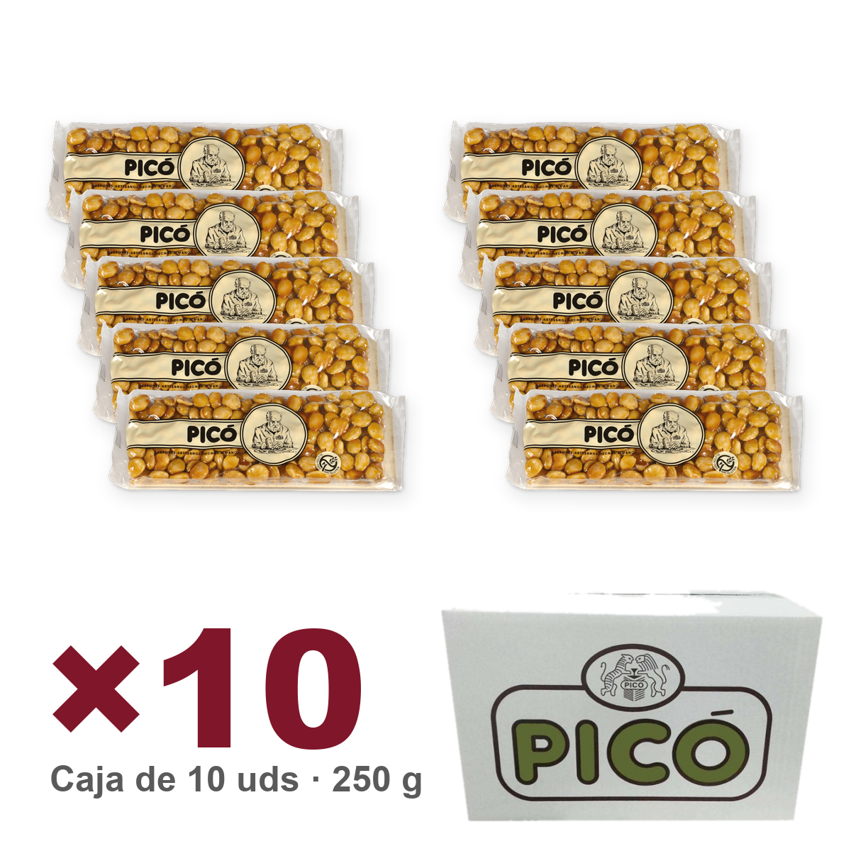 Caja de 10 unidades de Turrón de Cristal Calidad Suprema Hecho a Mano de 250 g, Turrones Picó