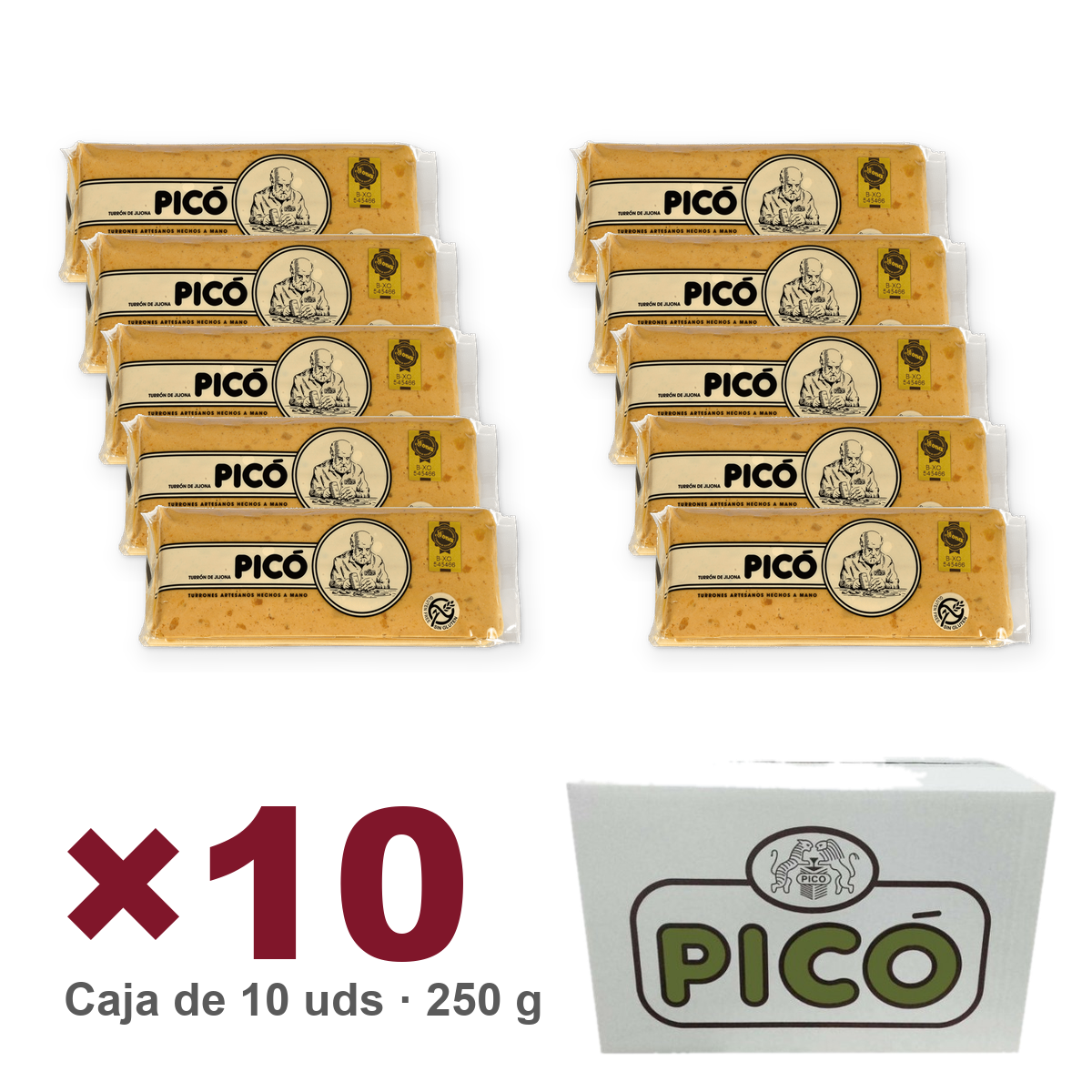 Caja de 10 unidades de Turrón de Jijona Calidad Suprema Hecho a Mano de 250 g, Turrones Picó