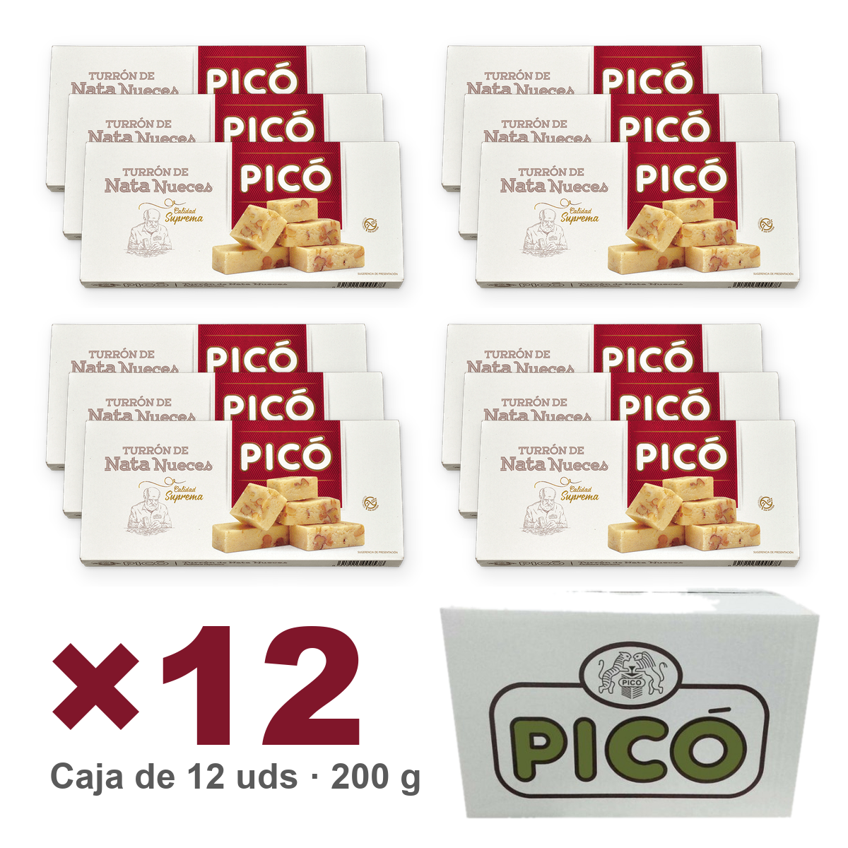Caja de 12 unidades de Turrón de Nata Nueces Calidad Suprema de 200 g, Turrones Picó
