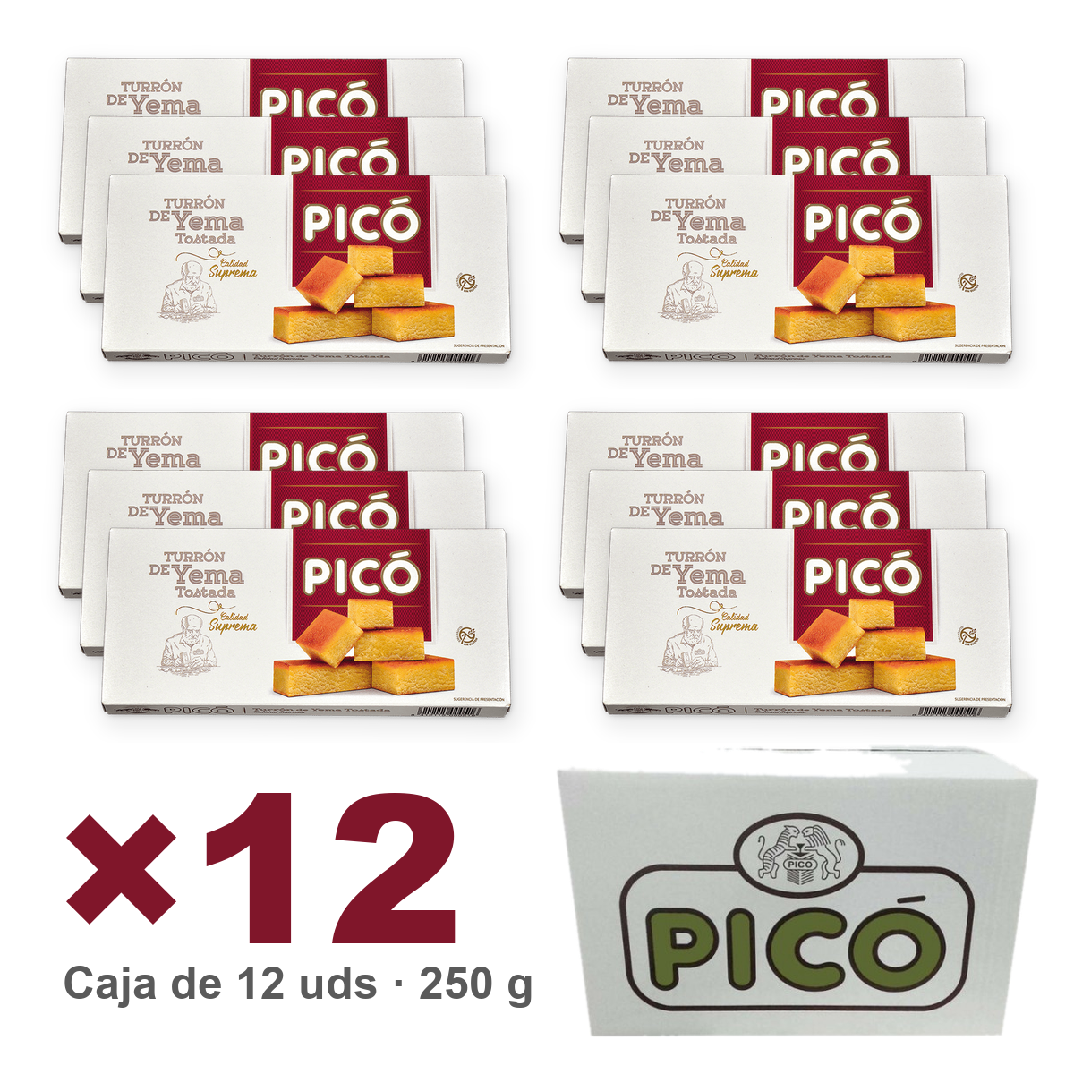 Caja de 12 unidades de Turrón de Yema Tostada Calidad Suprema de 250 g, Turrones Picó