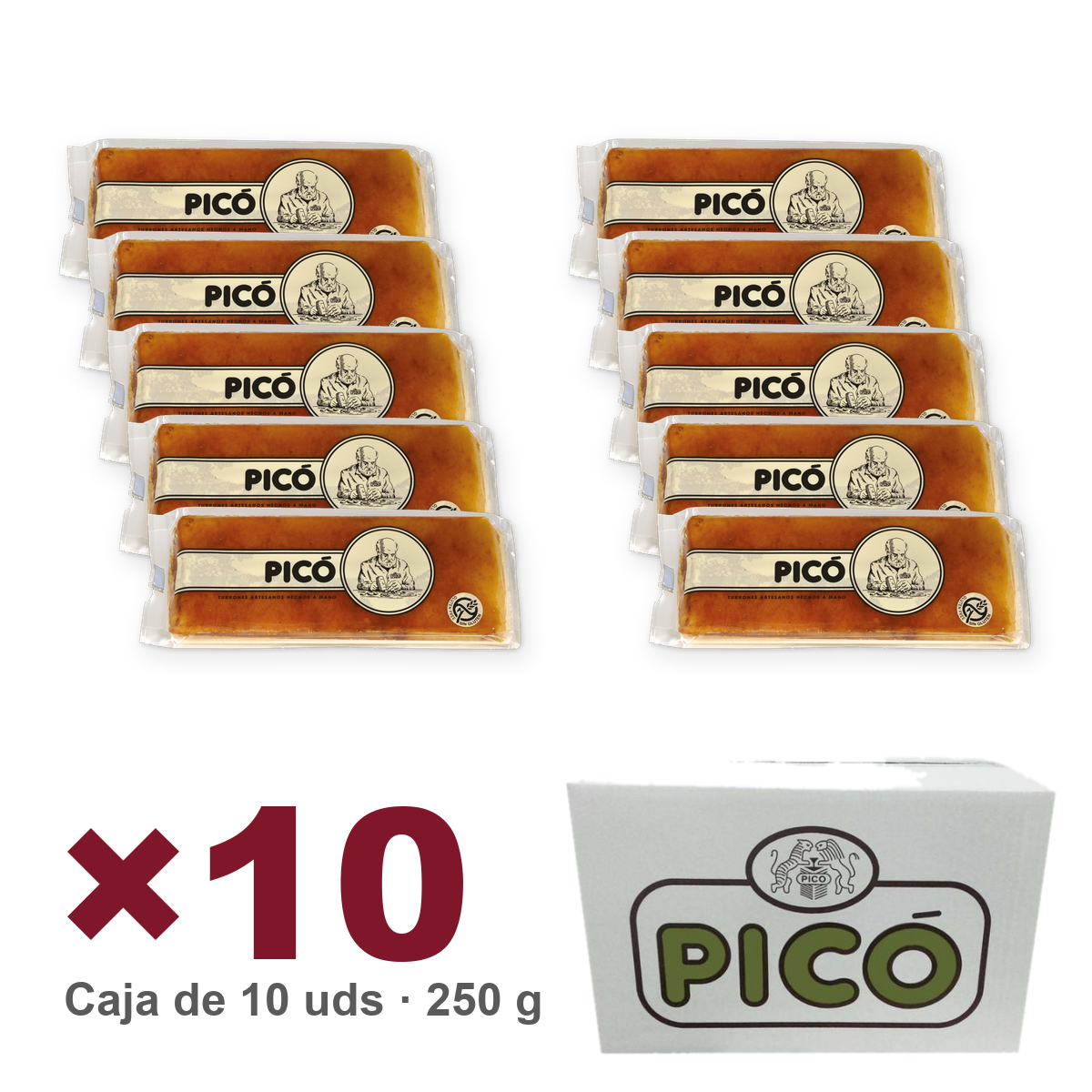 Caja de 10 unidades de Turrón de Yema Tostada Calidad Suprema Hecho a Mano de 250 g, Turrones Picó
