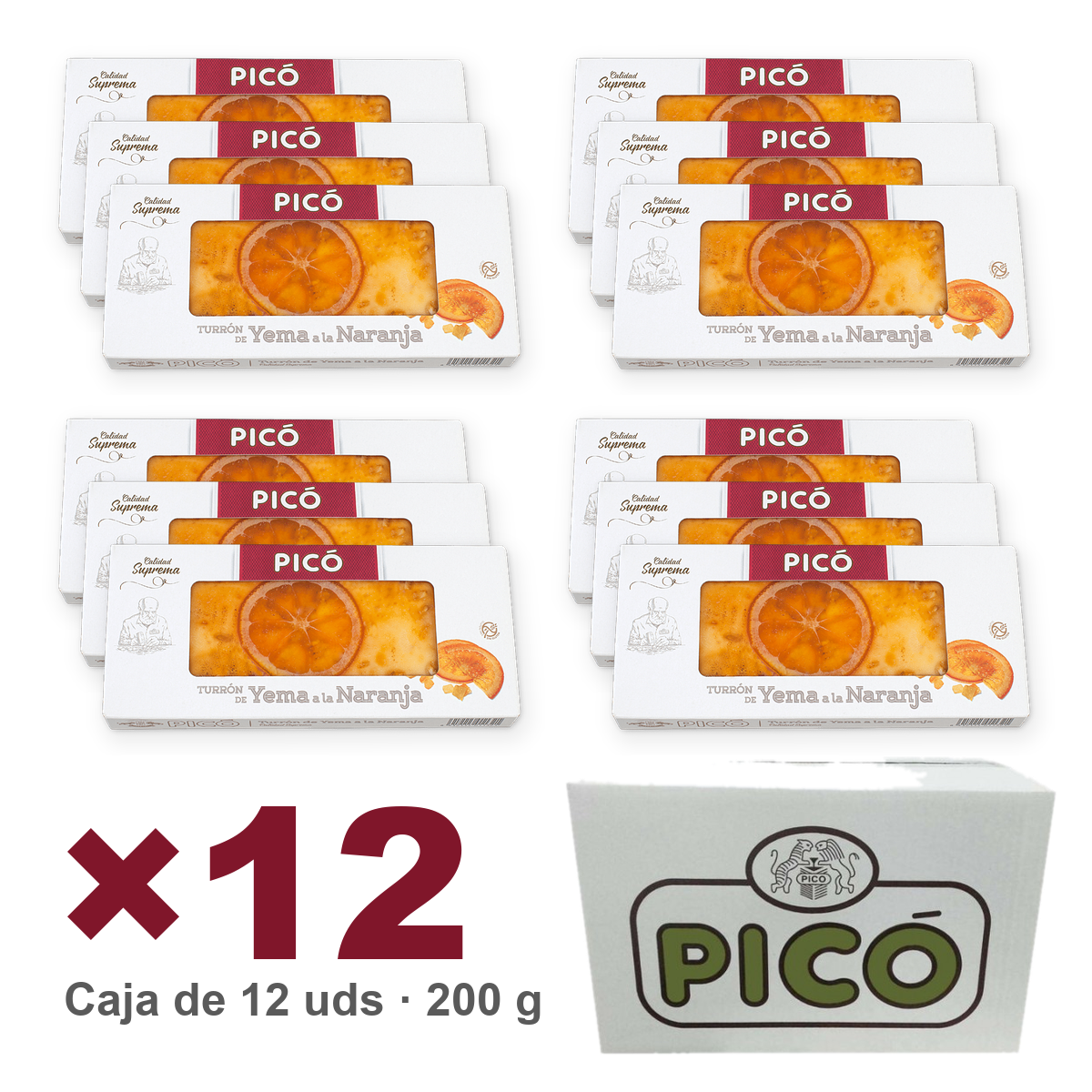 Caja de 12 unidades de Turrón de Yema Tostada con Naranja de 200 g, Turrones Picó