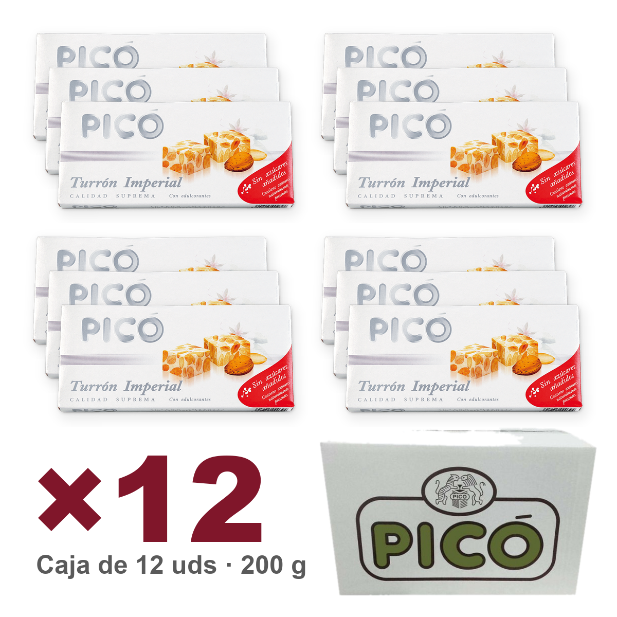 Caja de 12 unidades de Turrón Imperial Sin Azúcar de 200 g, Turrones Picó