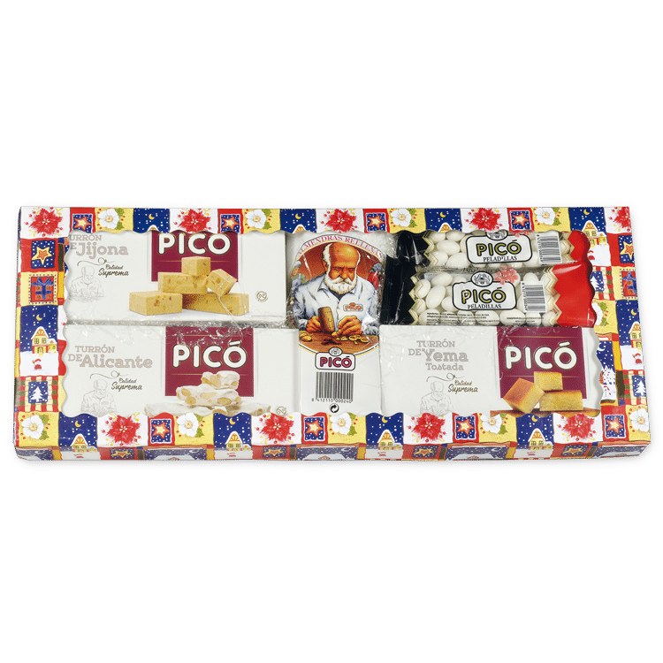 Lote plano de Navidad Picó con turrones de Jijona, Alicante y yema, peladillas y chocolate
