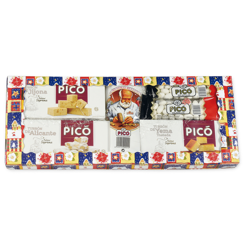 Lote plano de Navidad Picó con turrones de Jijona, Alicante y yema, peladillas y chocolate
