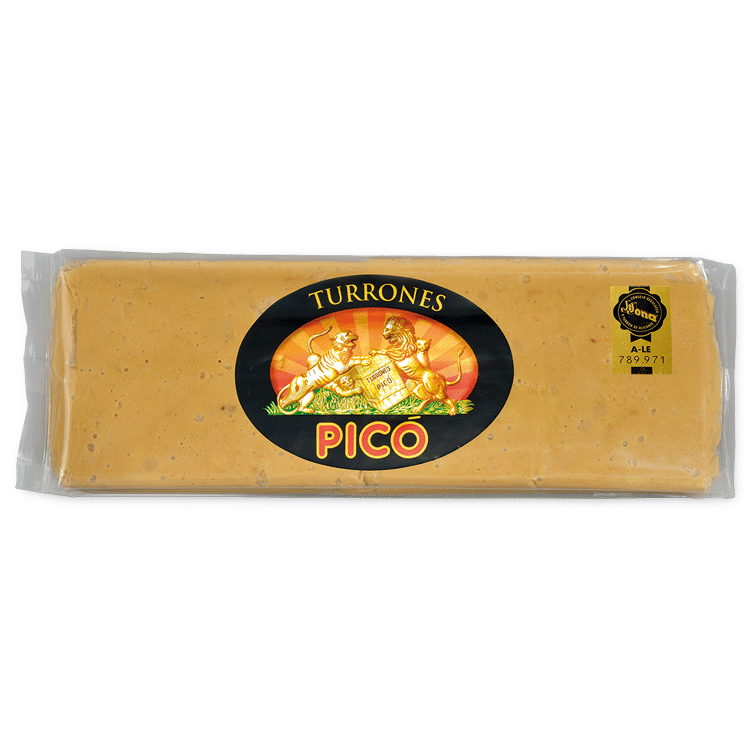 Tableta de Turrón de Jijona Picó en envase Rilsan transparente, Calidad Suprema, con sello de la IGP