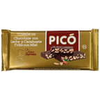 Tableta de Turrón de Chocolate con Leche y Cacahuete Frito con Miel y Sal Picó, en envase dorado