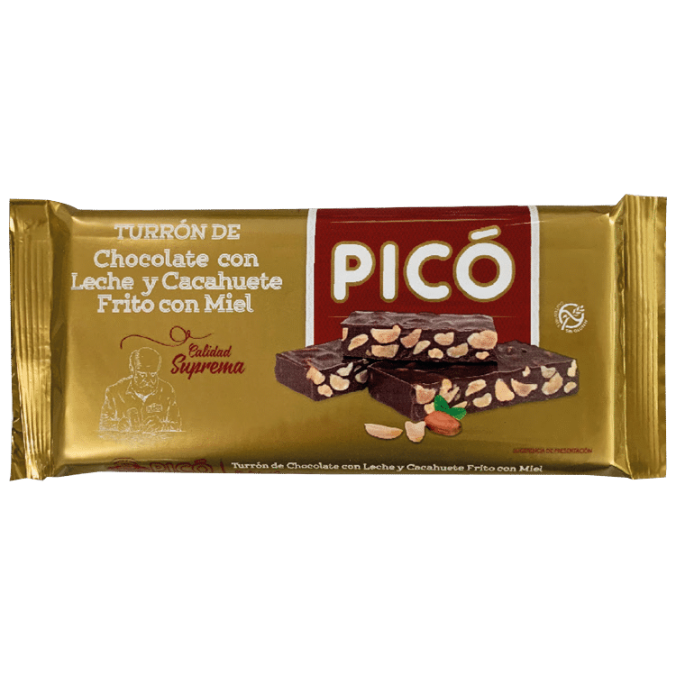 Tableta de Turrón de Chocolate con Leche y Cacahuete Frito con Miel y Sal Picó, en envase dorado
