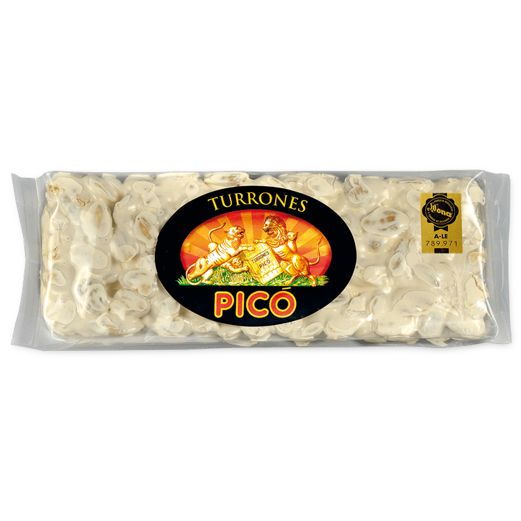 Tableta de Turrón de Alicante Picó en envase Rilsan transparente, Calidad Suprema