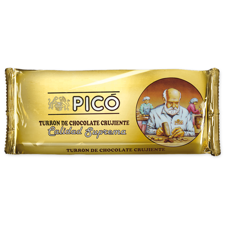 Tableta de Turrón de Chocolate Crujiente Picó, Calidad Suprema, en envase dorado