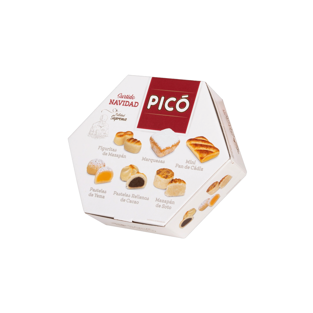 Caja hexagonal Surtido de Navidad Picó con figuritas de mazapán, pasteles y pan de Cádiz