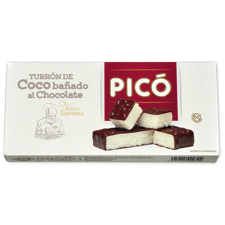 Caja de Turrón de Coco bañado al Chocolate Picó, Calidad Suprema