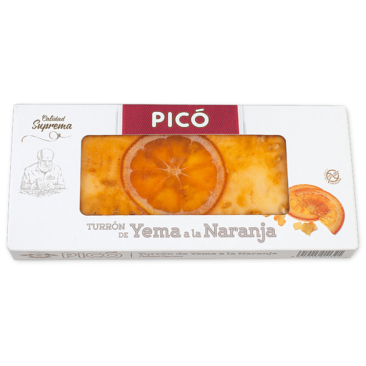 Caja de Turrón de Yema a la Naranja Picó, Calidad Suprema, con una rodaja de naranja confitada