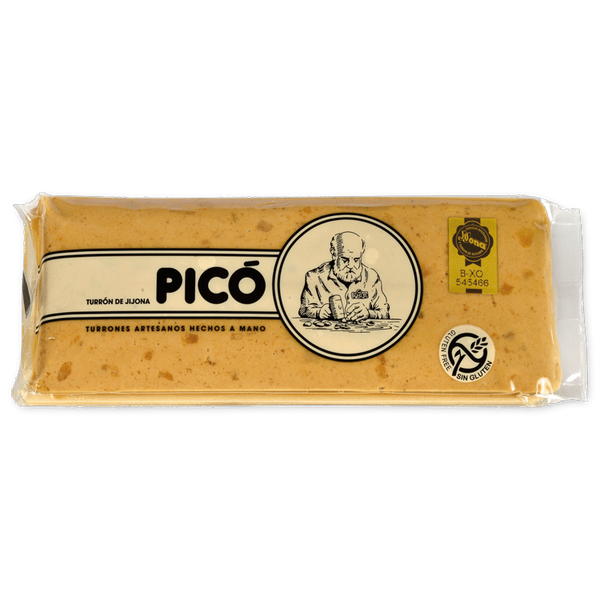 Tableta de Turrón de Jijona hecho a mano Picó en envase transparente, con sello de la IGP