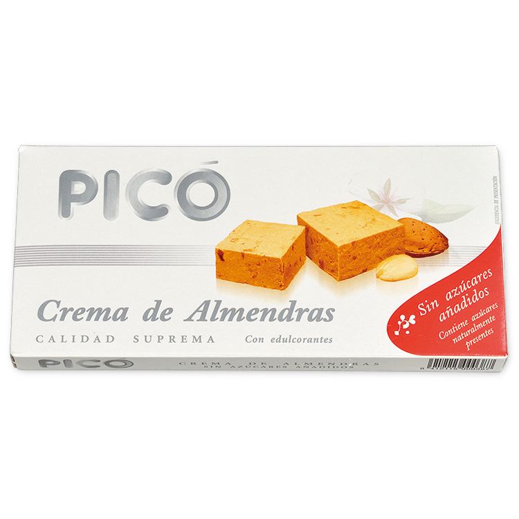 Tableta de Crema de Almendras sin azúcares añadidos Picó, Calidad Suprema, con dos porciones cortadas en la caja