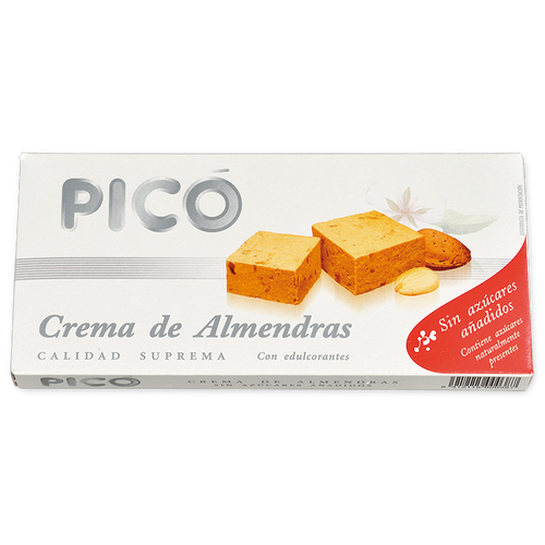 Tableta de Crema de Almendras sin azúcares añadidos Picó, Calidad Suprema, con dos porciones cortadas en la caja