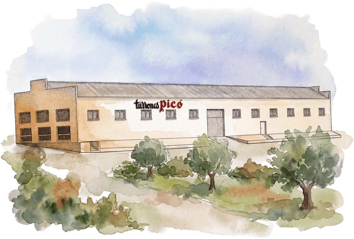 Ilustración en acuarela de la fábrica de Turrones Picó en Jijona