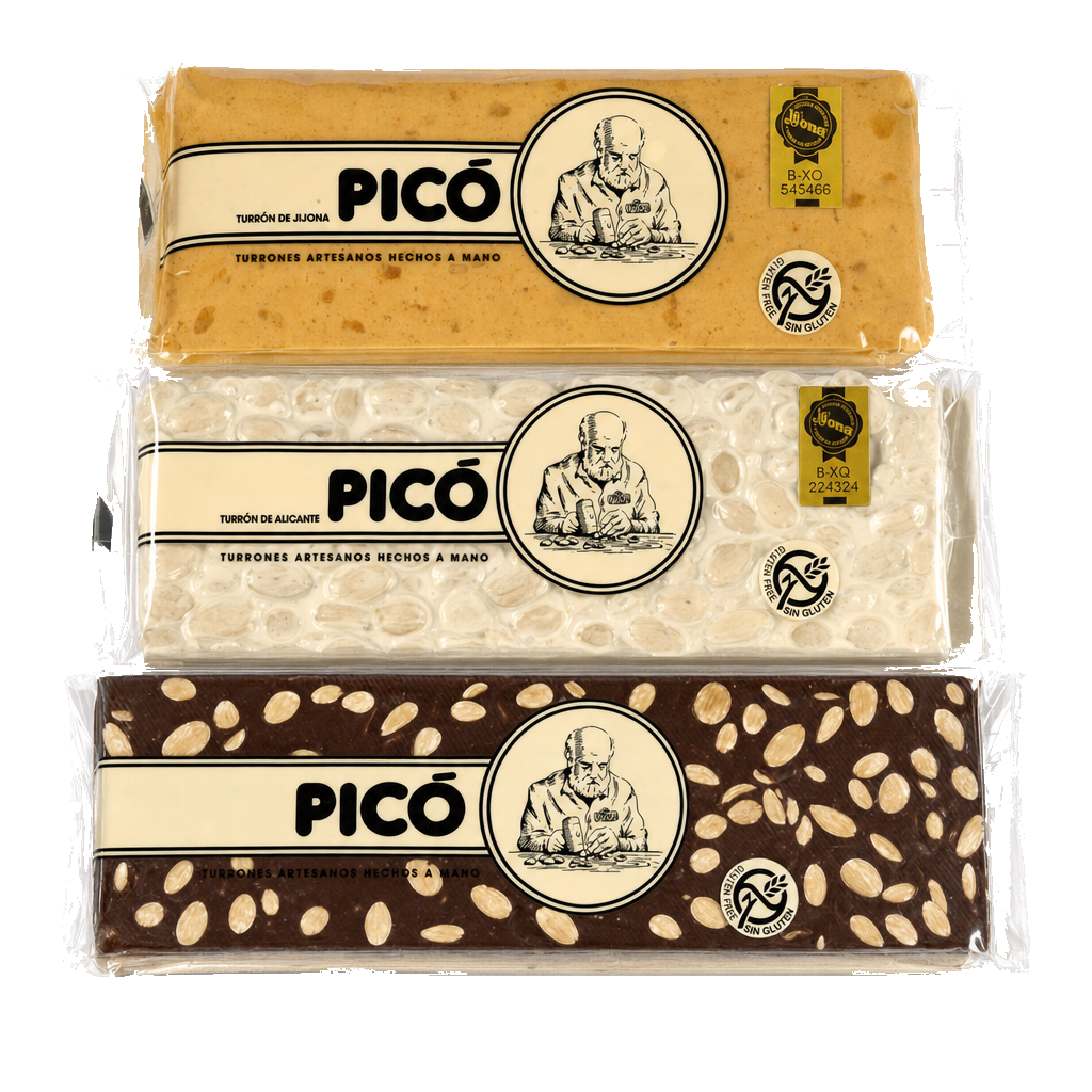 Pack Turrones Clásicos hechos a mano de Picó: Jijona, Alicante y Chocolate Negro con Almendras, Calidad Suprema