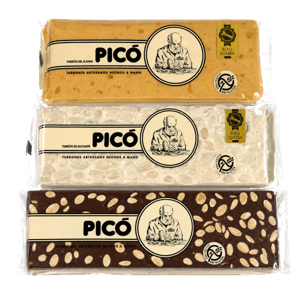 Pack Turrones Clásicos hechos a mano de Picó: Jijona, Alicante y Chocolate Negro con Almendras, Calidad Suprema