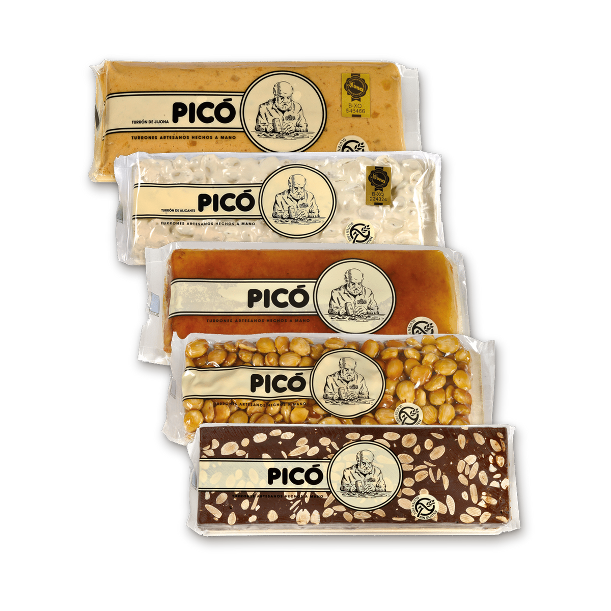 Pack Los 5 Hechos a Mano de Picó: Jijona, Alicante, Yema Tostada, Cristal y Chocolate Negro con Almendras, Calidad Suprema