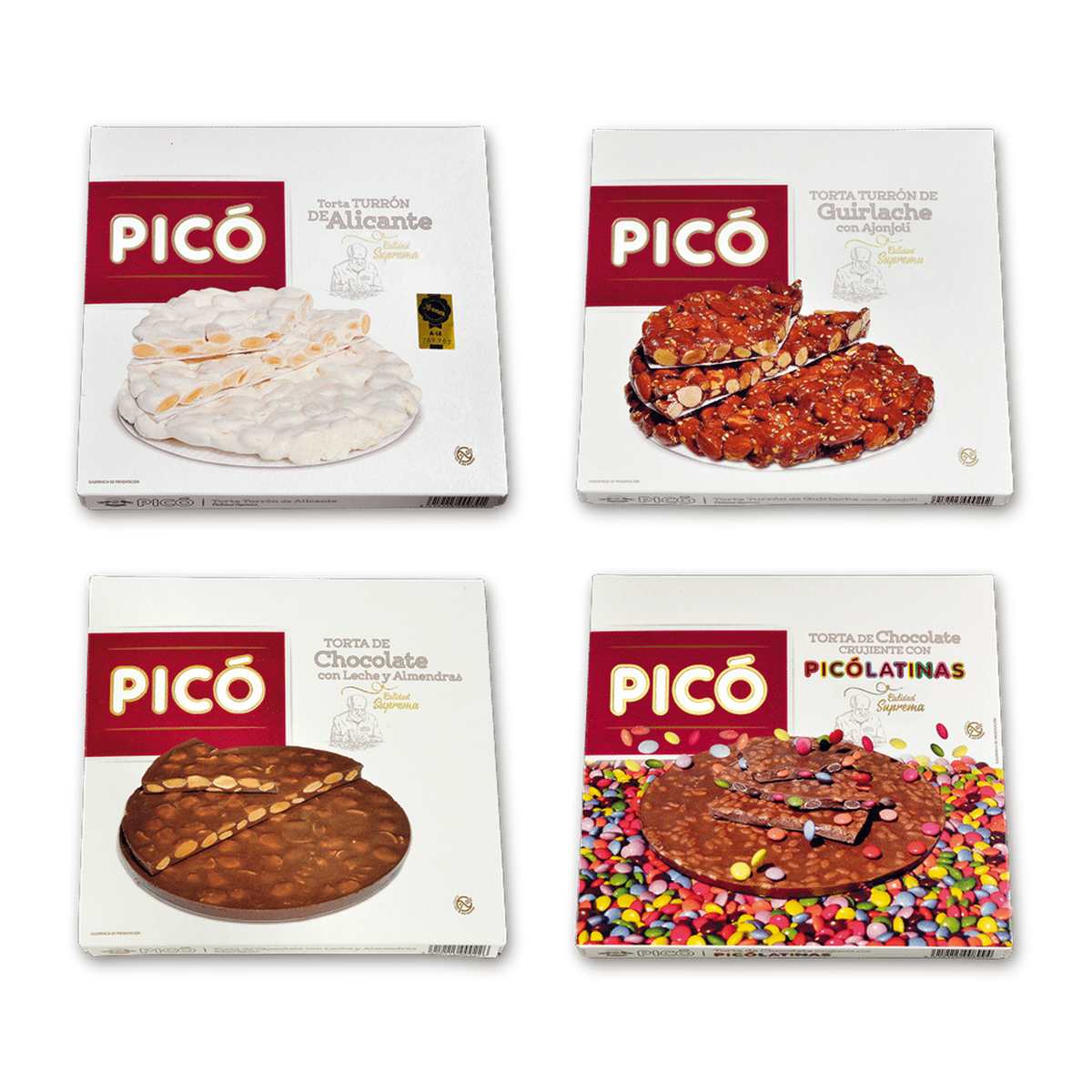 Pack Tortas de Picó: Torta de Turrón de Alicante, Torta de Guirlache con Ajonjolí, Torta de Chocolate con Leche y Almendras y Torta de Chocolate Crujiente con Picolatinas