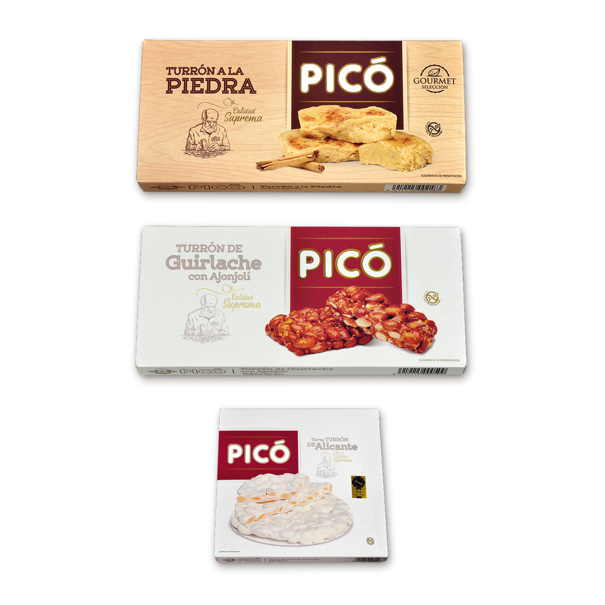 Pack Clásicos de Jijona de Picó: Turrón a la Piedra, Turrón Guirlache con Ajonjolí y Torta de Turrón de Alicante Calidad Suprema