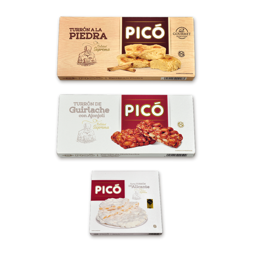 Pack Clásicos de Jijona de Picó: Turrón a la Piedra, Turrón Guirlache con Ajonjolí y Torta de Turrón de Alicante Calidad Suprema