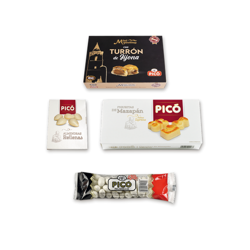 Pack Bocados de Sobremesa de Picó: Mini Miguelitos de Turrón, Almendras Rellenas de Turrón, Figuritas de Mazapán y Peladillas