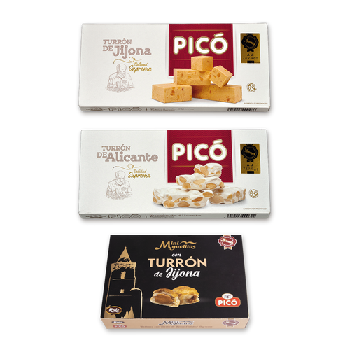 Pack Jijona, Alicante y Miguelitos de Picó: Turrón de Jijona y Turrón de Alicante Calidad Suprema y Mini Miguelitos con Turrón de Jijona